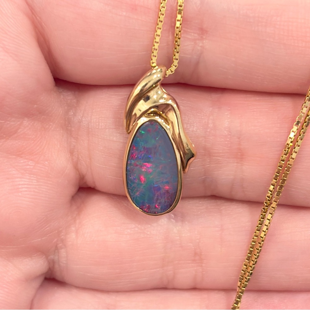 14K Australian Opal Pendant, Vintage Doublet, Crystal Dark Natural, Colorful IOG - Picture 11 of 14